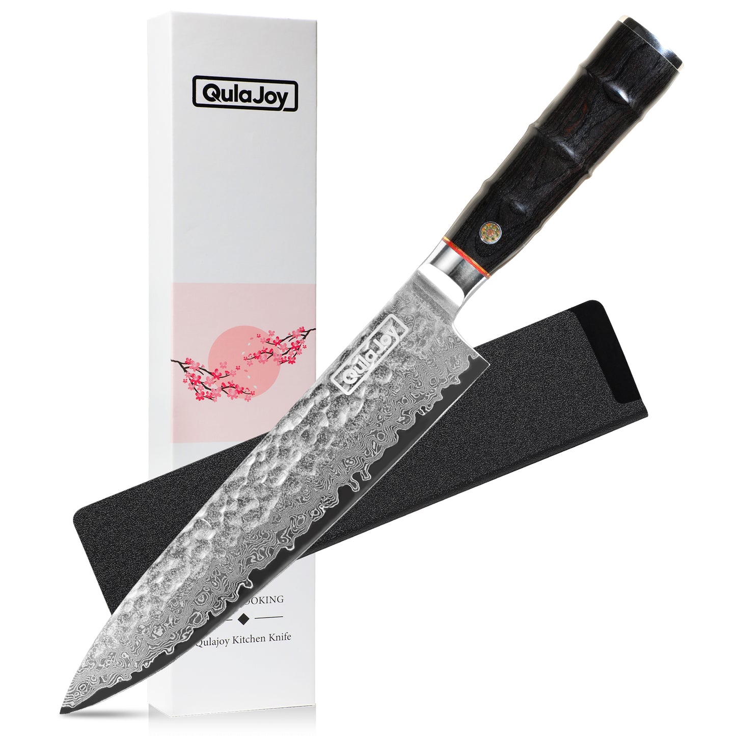 Qulajoy 8 Inch Japanese Chef Knife,67 Layers Damascus VG-10 Steel Core,Professional Hammered Kitchen Knife,Handcrafted With Ergonomic Bamboo Shape