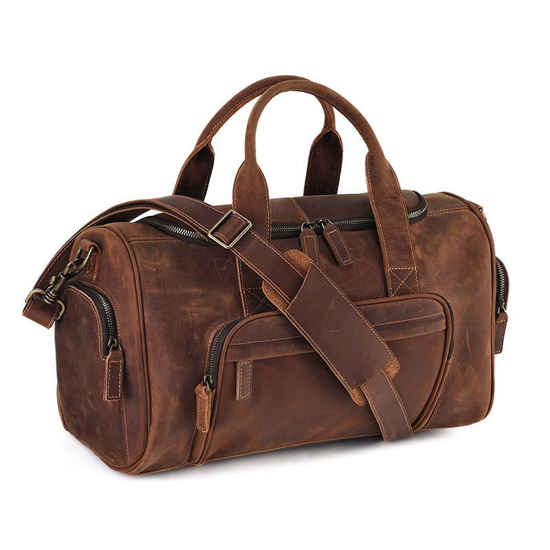 Large Capacity Retro Fitness Foldable Luggage Bag – Waterproof Genuine Leather Travel Bag for Men & Women