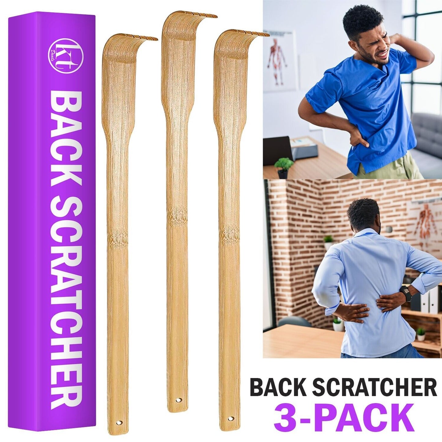 3 PCS Natural Bamboo Back Scratcher Long Reach Pick Itch Relief Tool Portable Bamboo Wood Back Scratcher Long Reach Handle Pick Itch Relief Massage