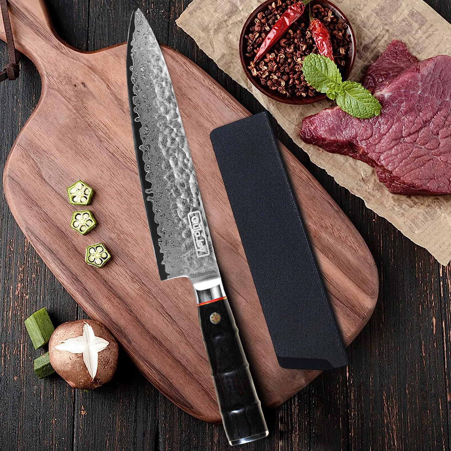 Qulajoy 8 Inch Japanese Chef Knife,67 Layers Damascus VG-10 Steel Core,Professional Hammered Kitchen Knife,Handcrafted With Ergonomic Bamboo Shape