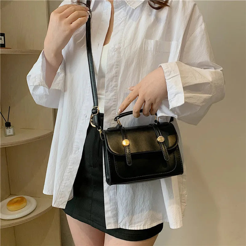 Retro Handbag Ins Shoulder Crossbody Urban Simplicity Flap Bag Soft PU Material Horizontal Square Shape Available in Black Creamy White and Brown