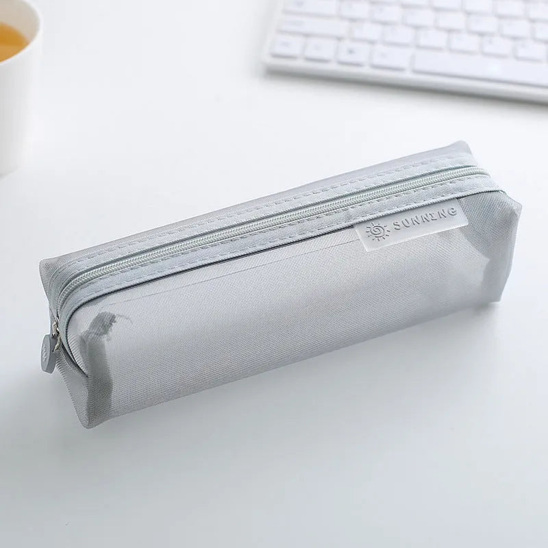 Transparent Mesh Pencil Case Square Shape Large Capacity Durable Nylon Washable Zippered Storage 20.5x6x6.5cm