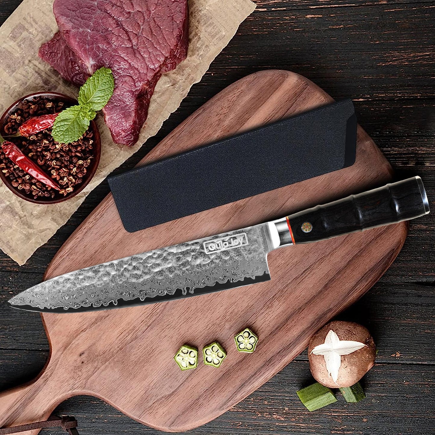 Qulajoy 8 Inch Japanese Chef Knife,67 Layers Damascus VG-10 Steel Core,Professional Hammered Kitchen Knife,Handcrafted With Ergonomic Bamboo Shape