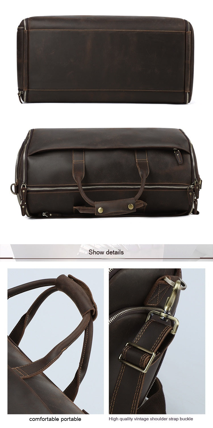 Large Capacity Retro Fitness Foldable Luggage Bag – Waterproof Genuine Leather Travel Bag for Men & Women