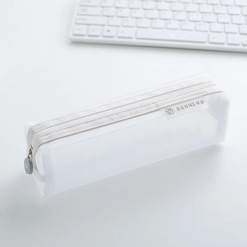 Transparent Mesh Pencil Case Square Shape Large Capacity Durable Nylon Washable Zippered Storage 20.5x6x6.5cm