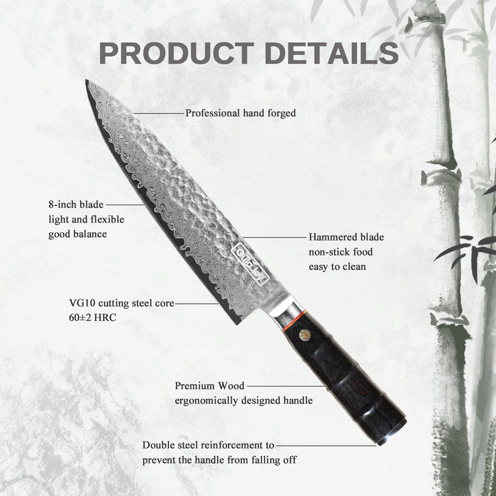 Qulajoy 8 Inch Japanese Chef Knife,67 Layers Damascus VG-10 Steel Core,Professional Hammered Kitchen Knife,Handcrafted With Ergonomic Bamboo Shape