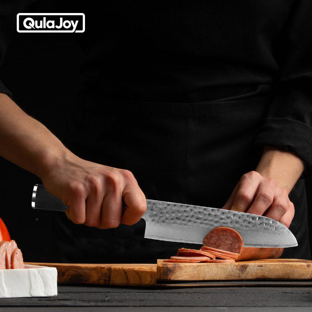 Qulajoy 7 Inch Santoku Knife- Ultra Sharp Japanese 67 Layers Damascus VG-10 Steel Core - Professional Hammered Chef Knife - Ergonomic G10 Handle With Sheath
