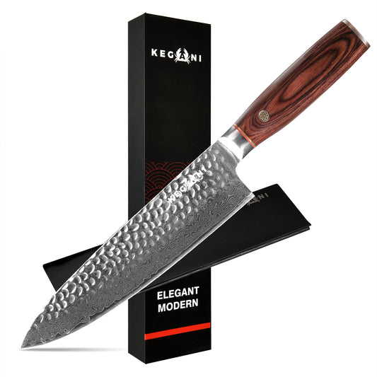 Kegani 8 Inch Damascus Chef Knife 67 Layers 10Cr15CoMoV Japanese Hammered Texture Full Tang Wood Handle