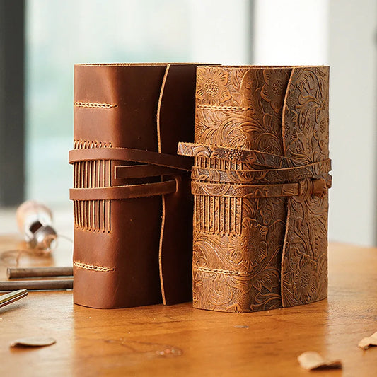 Real Leather Notebook Crazy Horse Brown Handcrafted Journal with 400 Pages of Daolin and Kraft Paper