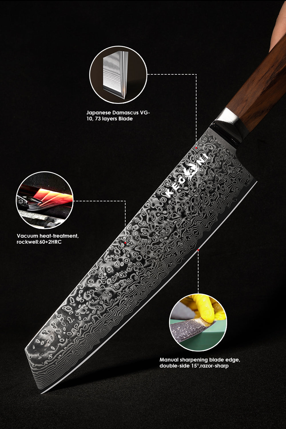 Kegani 8 Inch Japanese Kiritsuke Chef Knife - Japanese 73 Layers VG-10 Damascus Knife - Rosewood FullTang Handle Natural Texture Japanese Knife Sushi Knife Gyuto Knife