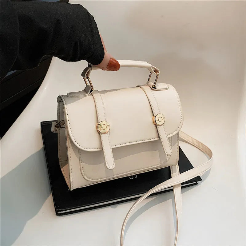 Retro Handbag Ins Shoulder Crossbody Urban Simplicity Flap Bag Soft PU Material Horizontal Square Shape Available in Black Creamy White and Brown