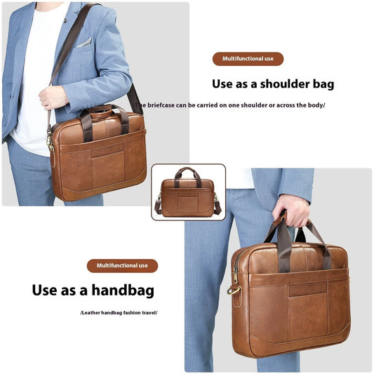 Men's Genuine Leather Official Document Bag Casual Shoulder Crossbody Computer Briefcase for Business Travel