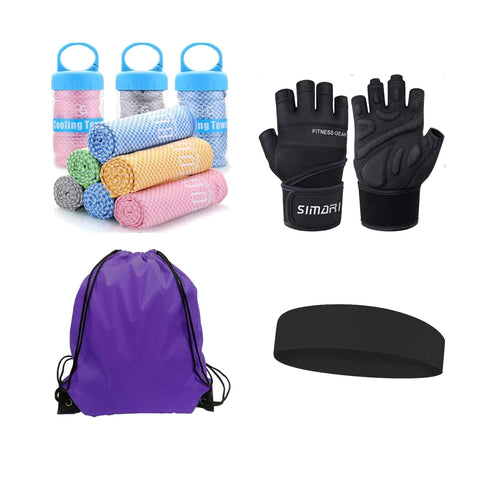 Gym Essential Items Value Set Pack Of 4 - Gloves - Towels - Bag - Headband