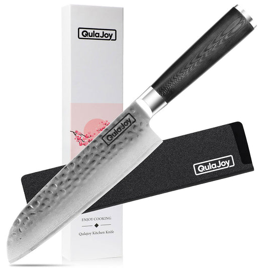 Qulajoy 7 Inch Santoku Knife- Ultra Sharp Japanese 67 Layers Damascus VG-10 Steel Core - Professional Hammered Chef Knife - Ergonomic G10 Handle With Sheath