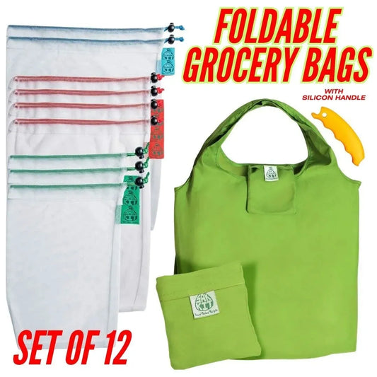 Eco Friendly Grocery Shopping Reusable Bag Set Organic Cotton Mesh Produce Bags with Tare Weight Tags Bonus Silicon Handle and Foldable Design Set of 12