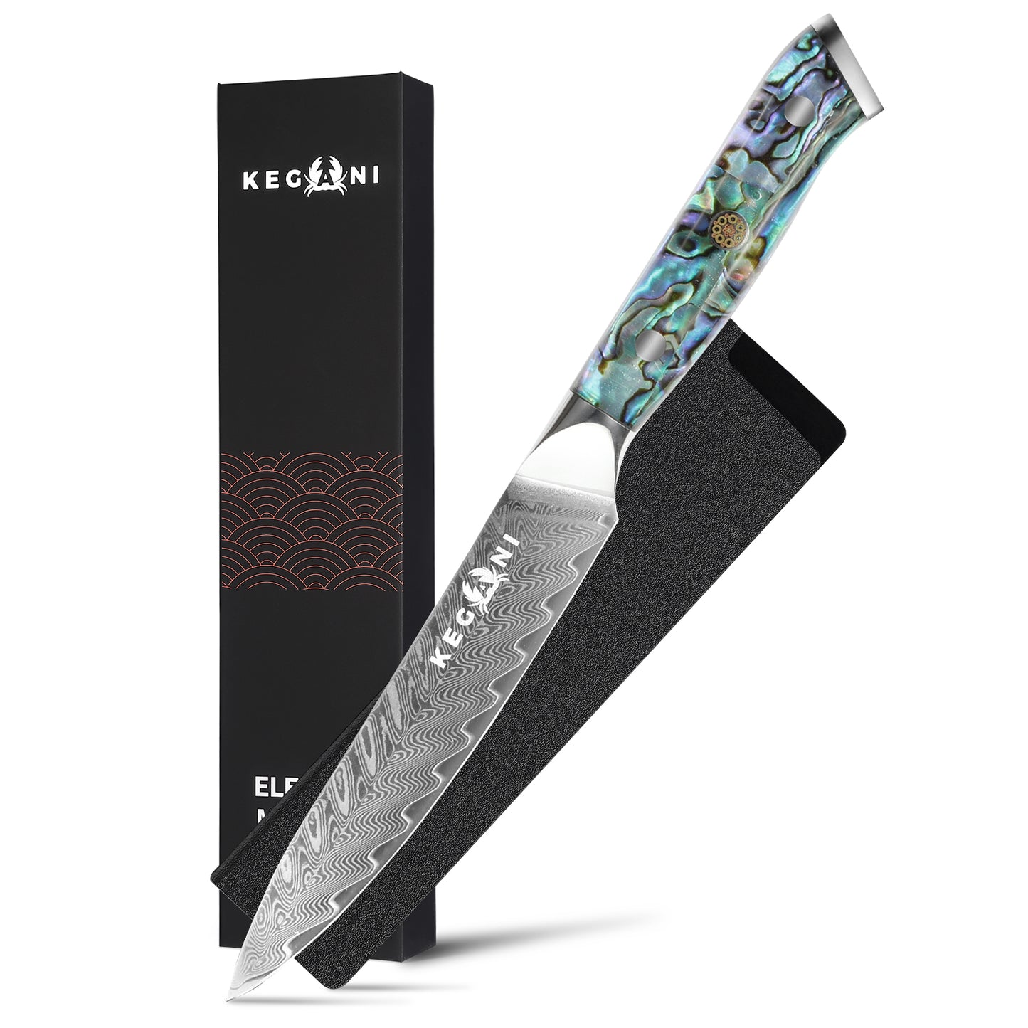 Kegani Damascus Kitchen Utility Knife, 5 Inch Paring Knife With Sheath 67 Layers VG-10 Core Petty Knife, Resin Handle Real Shell Filled FullTang Handle Fruit And Vegetable Knives