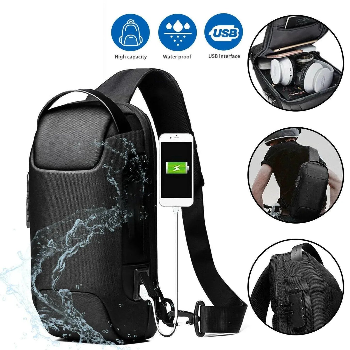 Men's Waterproof Oxford Multifunction Crossbody Sling Bag Anti Theft Shoulder Messenger Chest Pack with USB Charging Port