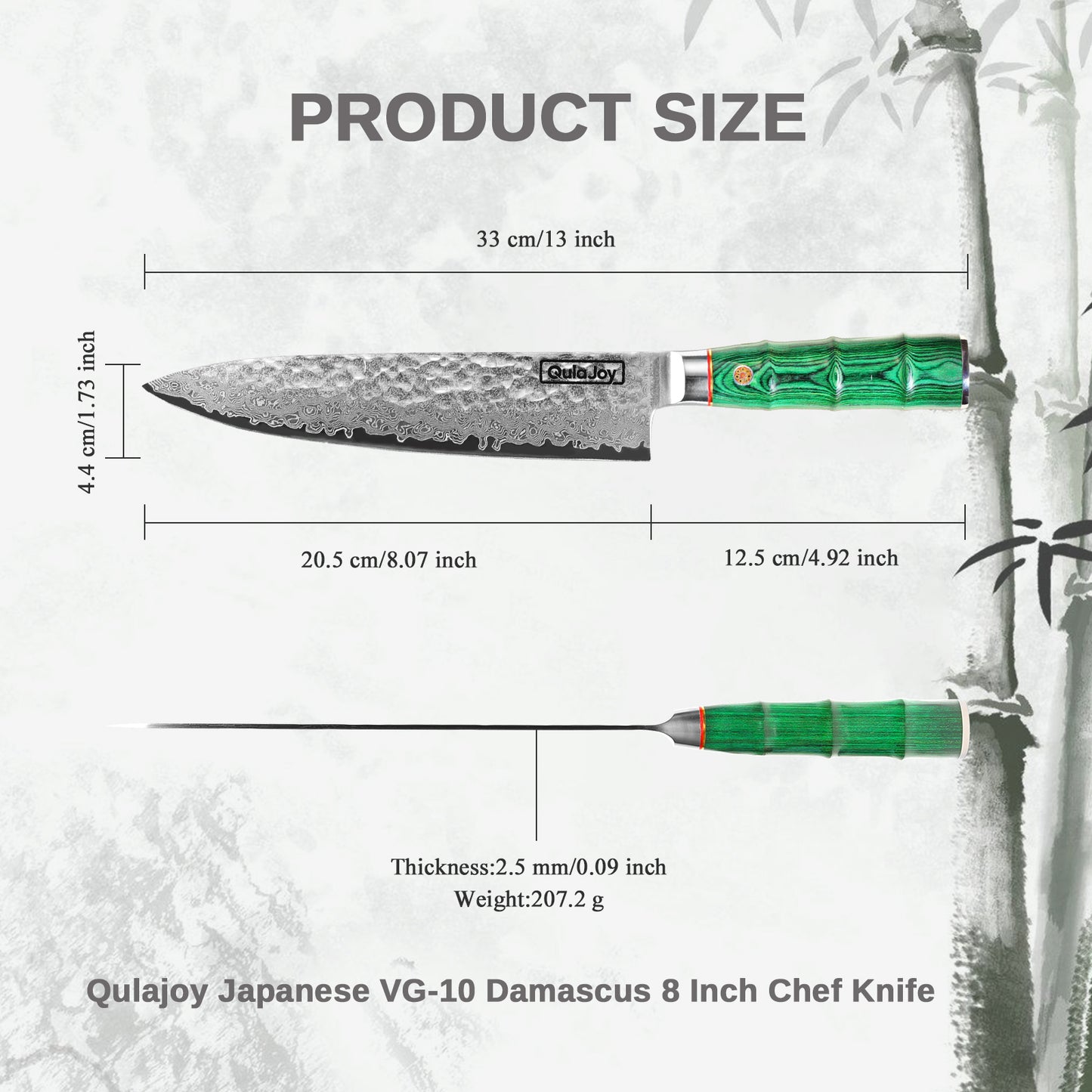 Qulajoy Japanese Chef Knife 8 Inch,67 Layers Damascus VG-10 Steel Core,Professional Hammered Kitchen Knife,Handcrafted With Ergonomic Bamboo Shape Handle