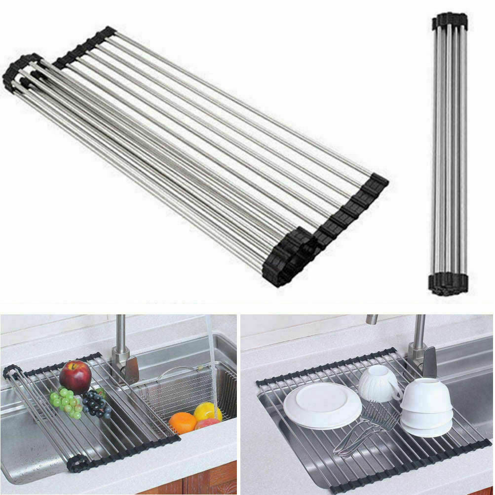 Kitchen Stainless Steel Sink Drain Rack Roll Up Dish Drying Drainer Mat Roll Up Dish Drying Rack - Silicone Coated Stainless Steel, Over The Sink, Foldable, Heat-Resistant, Anti-Slip, Dish Drainer