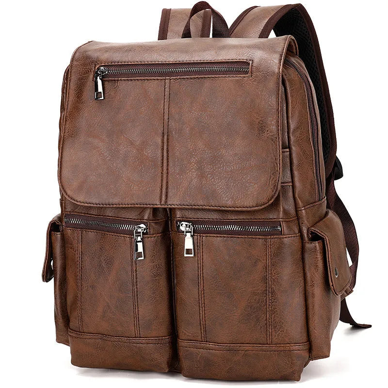 Men's Vintage Canvas Computer Backpack Wear Resistant PU Laptop Bag for 14 Inch Laptops