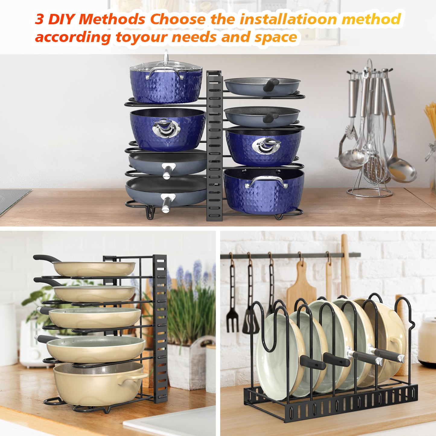 Pot And Pan Organizer, Pot Lid Holders & Pan Rack, Multiple DIY Methods, 8 Tier Pot Racks, Adjustable Kitchen Organization And Storage For Pots And Pans.