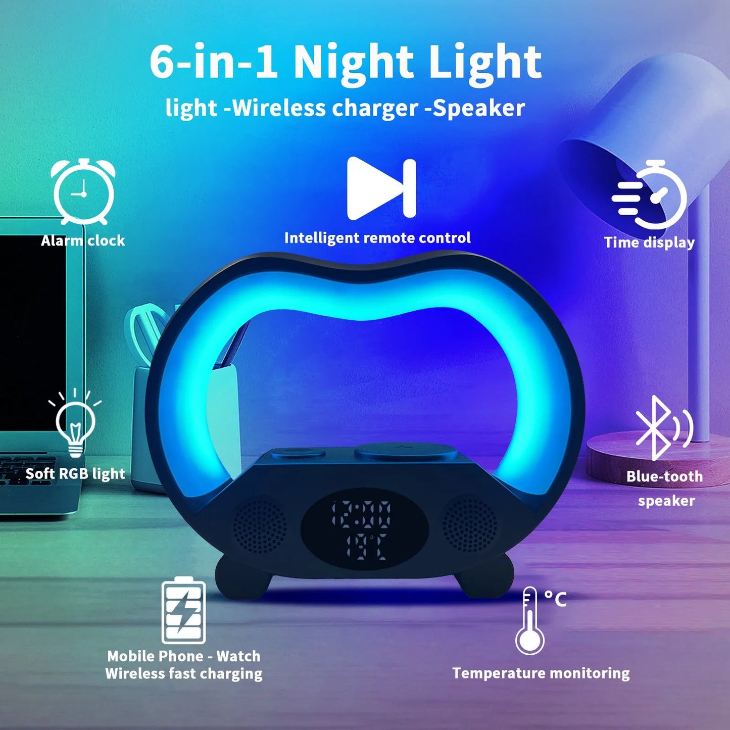 2024 New 6 In 1 Smart Remote Control Bluetooth Ambience Intelligent LED Table Lamp Multi Function Wireless Charger Night Light Bluetooth Speaker