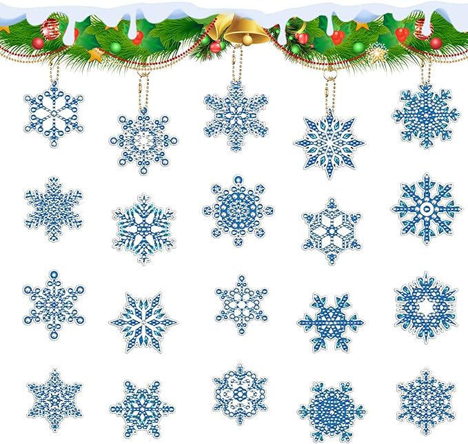 20 Pcs Snowflake Christmas Diamond Painting Keychains