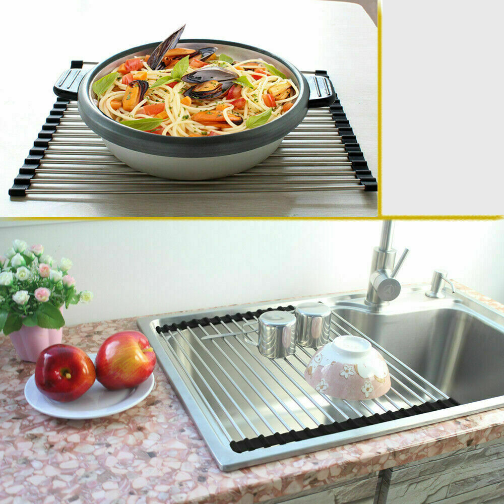 Kitchen Stainless Steel Sink Drain Rack Roll Up Dish Drying Drainer Mat Roll Up Dish Drying Rack - Silicone Coated Stainless Steel, Over The Sink, Foldable, Heat-Resistant, Anti-Slip, Dish Drainer