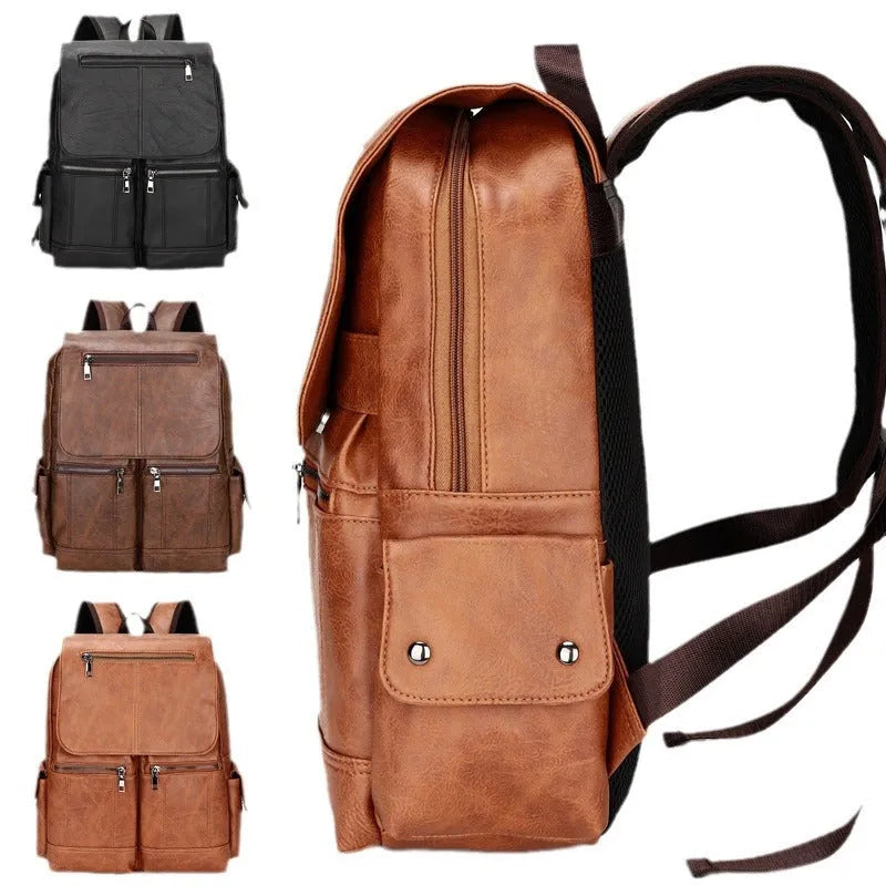 Men's Vintage Canvas Computer Backpack Wear Resistant PU Laptop Bag for 14 Inch Laptops
