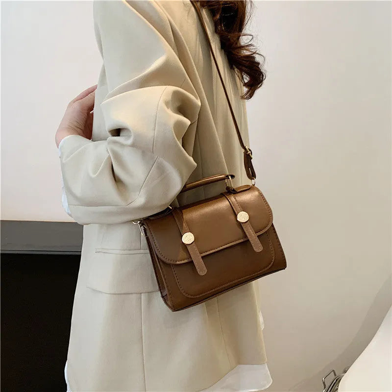 Retro Handbag Ins Shoulder Crossbody Urban Simplicity Flap Bag Soft PU Material Horizontal Square Shape Available in Black Creamy White and Brown