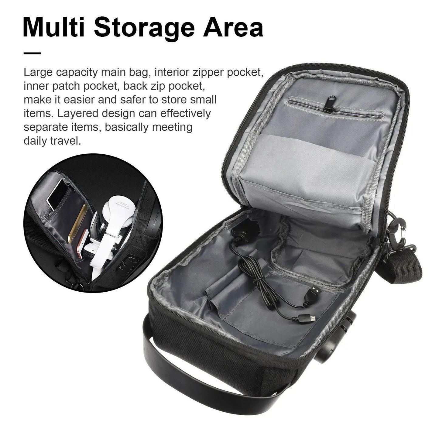 Men's Waterproof Oxford Multifunction Crossbody Sling Bag Anti Theft Shoulder Messenger Chest Pack with USB Charging Port