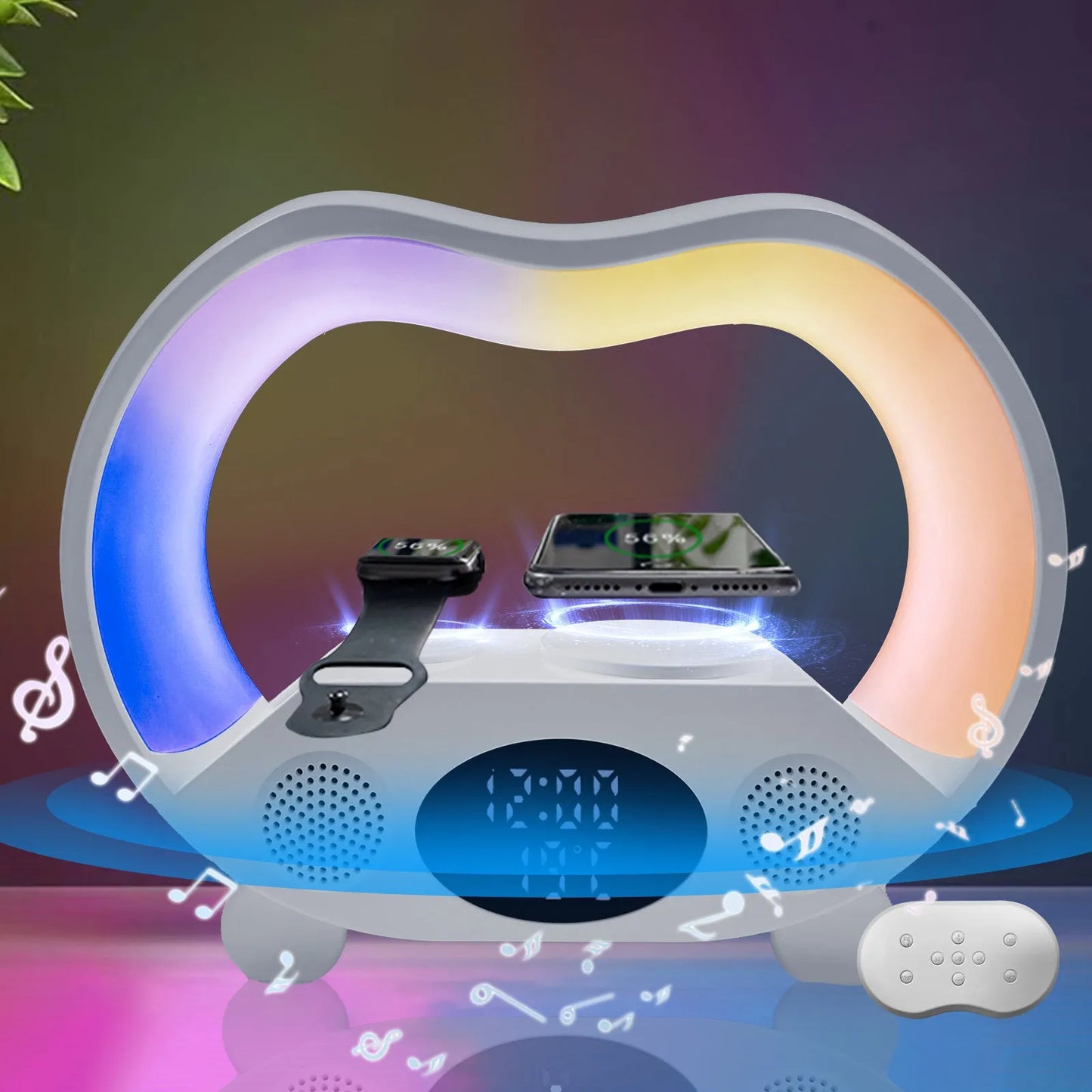 2024 New 6 In 1 Smart Remote Control Bluetooth Ambience Intelligent LED Table Lamp Multi Function Wireless Charger Night Light Bluetooth Speaker