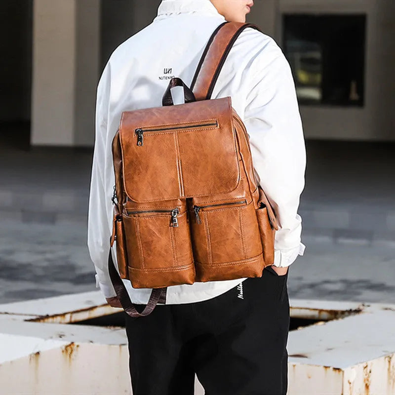Men's Vintage Canvas Computer Backpack Wear Resistant PU Laptop Bag for 14 Inch Laptops