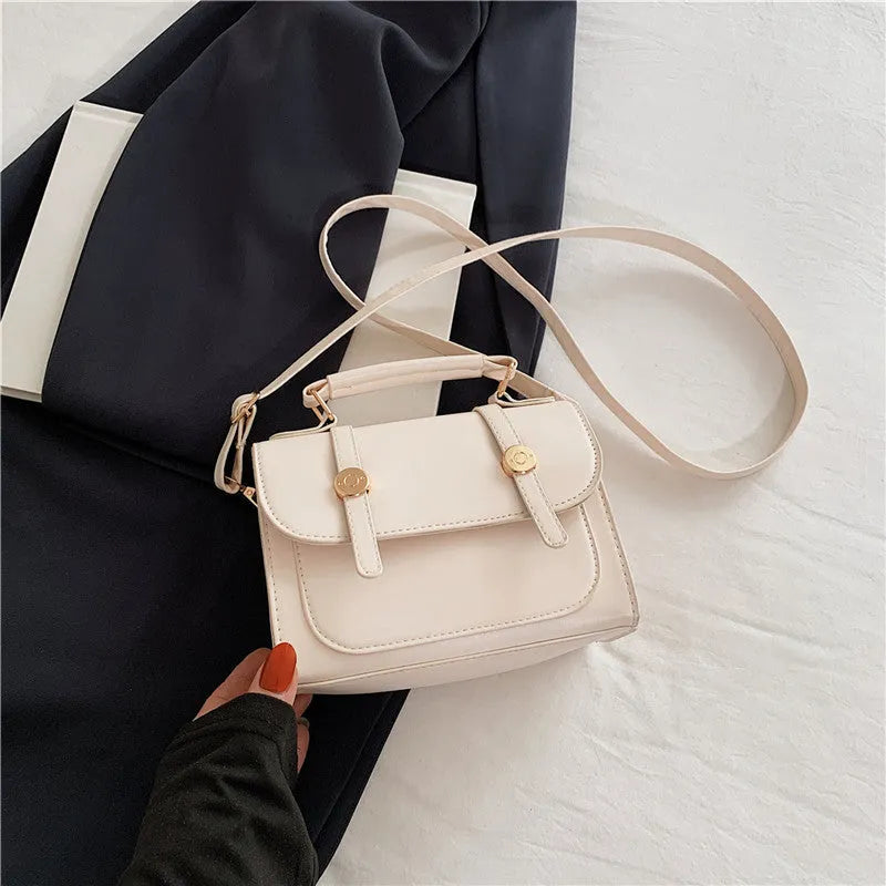 Retro Handbag Ins Shoulder Crossbody Urban Simplicity Flap Bag Soft PU Material Horizontal Square Shape Available in Black Creamy White and Brown