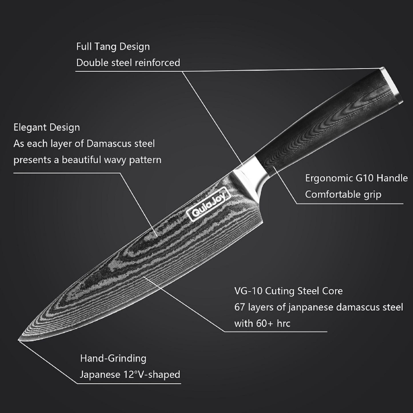 Qulajoy 8 Inch Chef Knife, Ultra Sharp Japanese Damascus VG-10 Blade,Professional Kitchen Knife With Ergonomic G10 Handle And Sheath