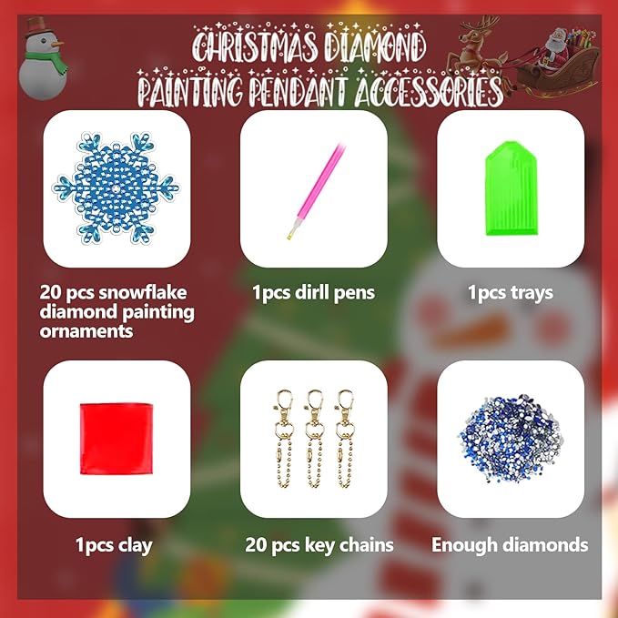 20 Pcs Snowflake Christmas Diamond Painting Keychains Double Sided DIY Diamond Art Painting Hanging Ornaments Winter 5d Diamond Painting Hanging Kits Decor For Adults Holiday Party Supplies Craft