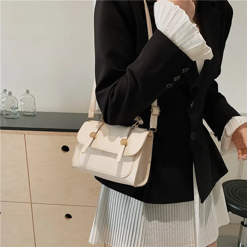 Retro Handbag Ins Shoulder Crossbody Urban Simplicity Flap Bag Soft PU Material Horizontal Square Shape Available in Black Creamy White and Brown