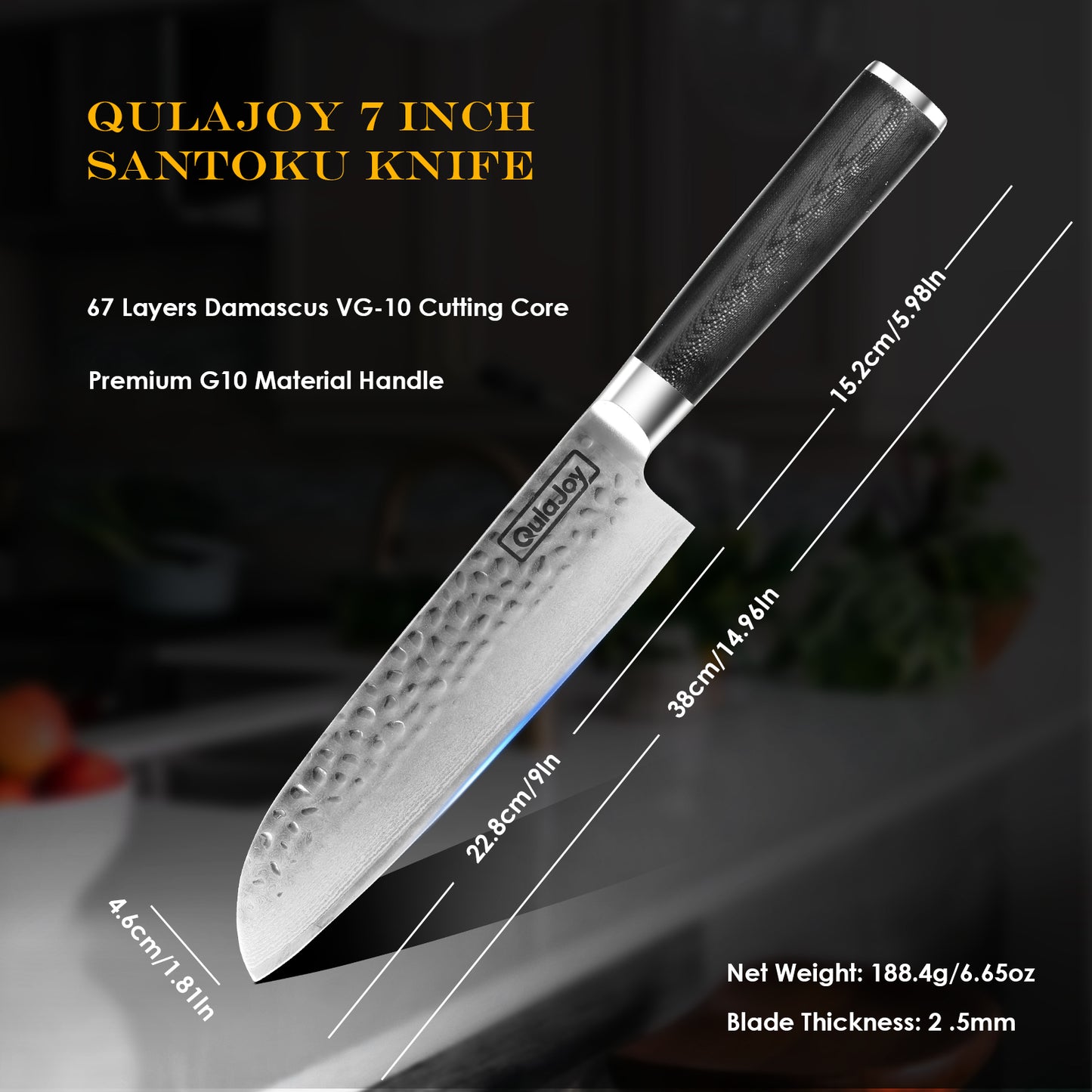 Qulajoy 7 Inch Santoku Knife- Ultra Sharp Japanese 67 Layers Damascus VG-10 Steel Core - Professional Hammered Chef Knife - Ergonomic G10 Handle With Sheath