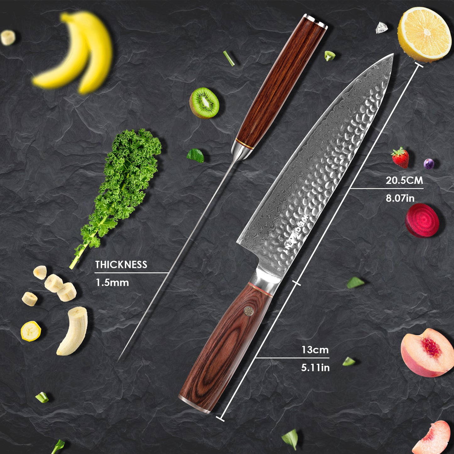 Kegani 8 Inch Damascus Chef Knife 67 Layers 10Cr15CoMoV Japanese Knife Hammered Texture Damascus Knife - FullTang Wood Handle Chefs Knife With Gift Box&Sheath