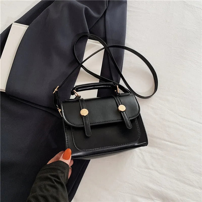 Retro Handbag Ins Shoulder Crossbody Urban Simplicity Flap Bag Soft PU Material Horizontal Square Shape Available in Black Creamy White and Brown