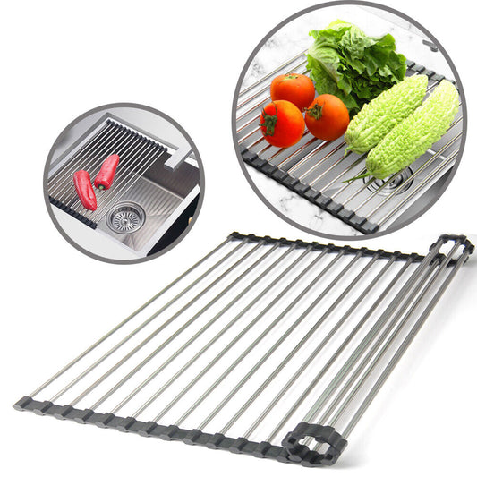 Kitchen Stainless Steel Sink Drain Rack Roll Up Dish Drying Drainer Mat Roll Up Dish Drying Rack - Silicone Coated Stainless Steel, Over The Sink, Foldable, Heat-Resistant, Anti-Slip, Dish Drainer