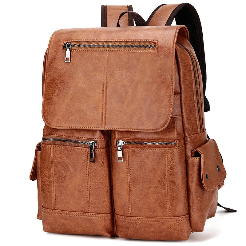 Men's Vintage Canvas Computer Backpack Wear Resistant PU Laptop Bag for 14 Inch Laptops