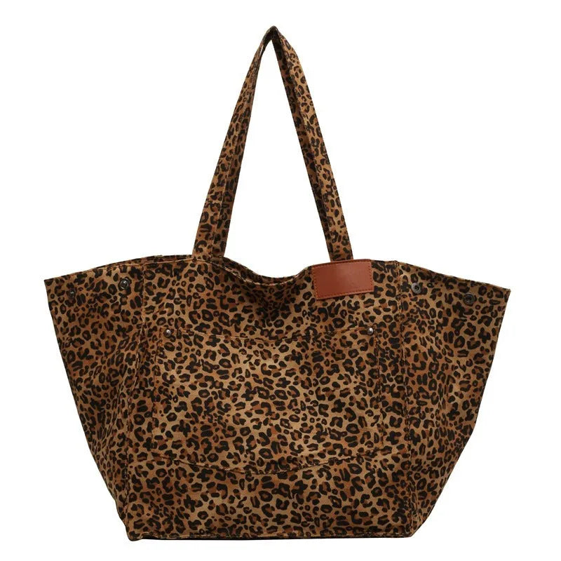 Large Capacity Leopard Print Canvas Tote Bag for Urban Simplicity