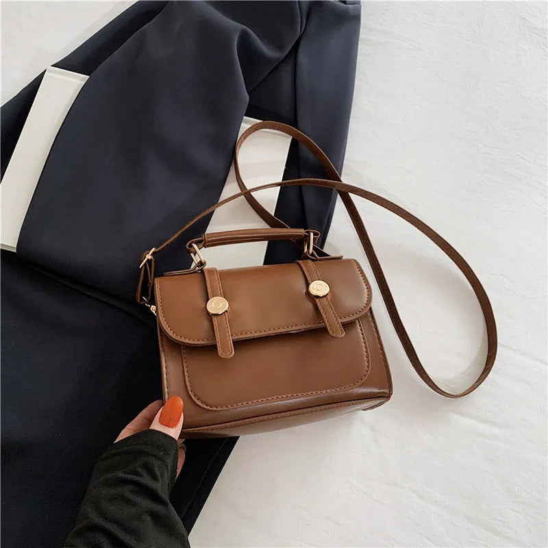 Retro Handbag Ins Shoulder Crossbody Urban Simplicity Flap Bag Soft PU Material Horizontal Square Shape Available in Black Creamy White and Brown