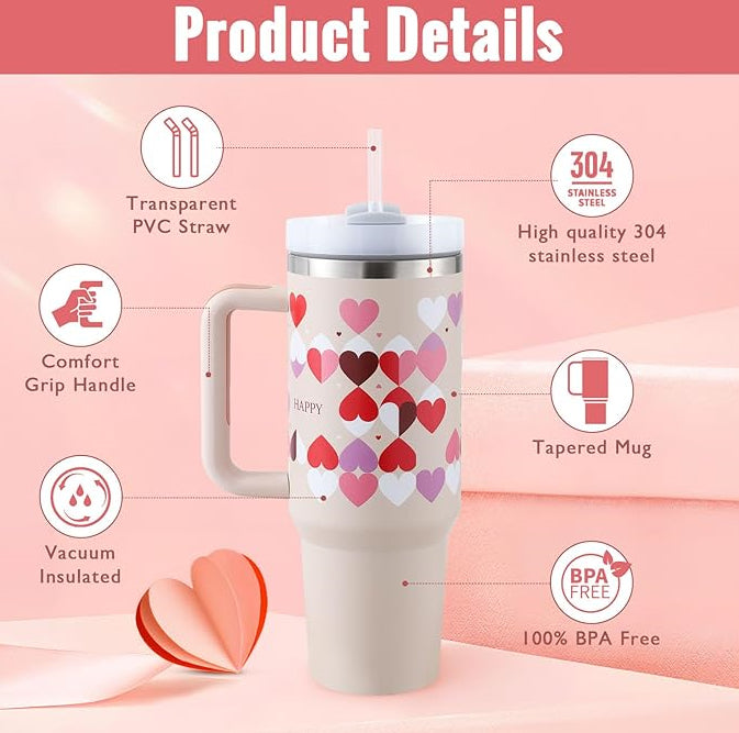 Ochapa 40 Oz Tumbler With Handle Straw Insulated, Stainless Steel Spill Proof Vacuum Coffee Cup Tumbler With Lid Tapered Mug Gifts For Valentine Lover Suitable For Car Gym Office Travel